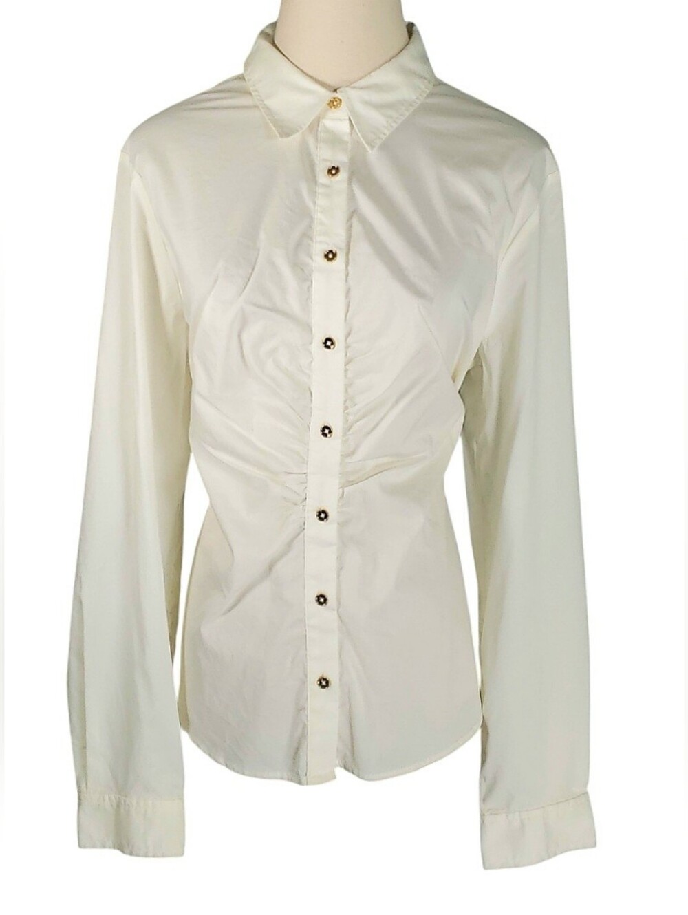 Vintage Jones NY Signature Rouche White Buttondown Blouse Top Career L Essential